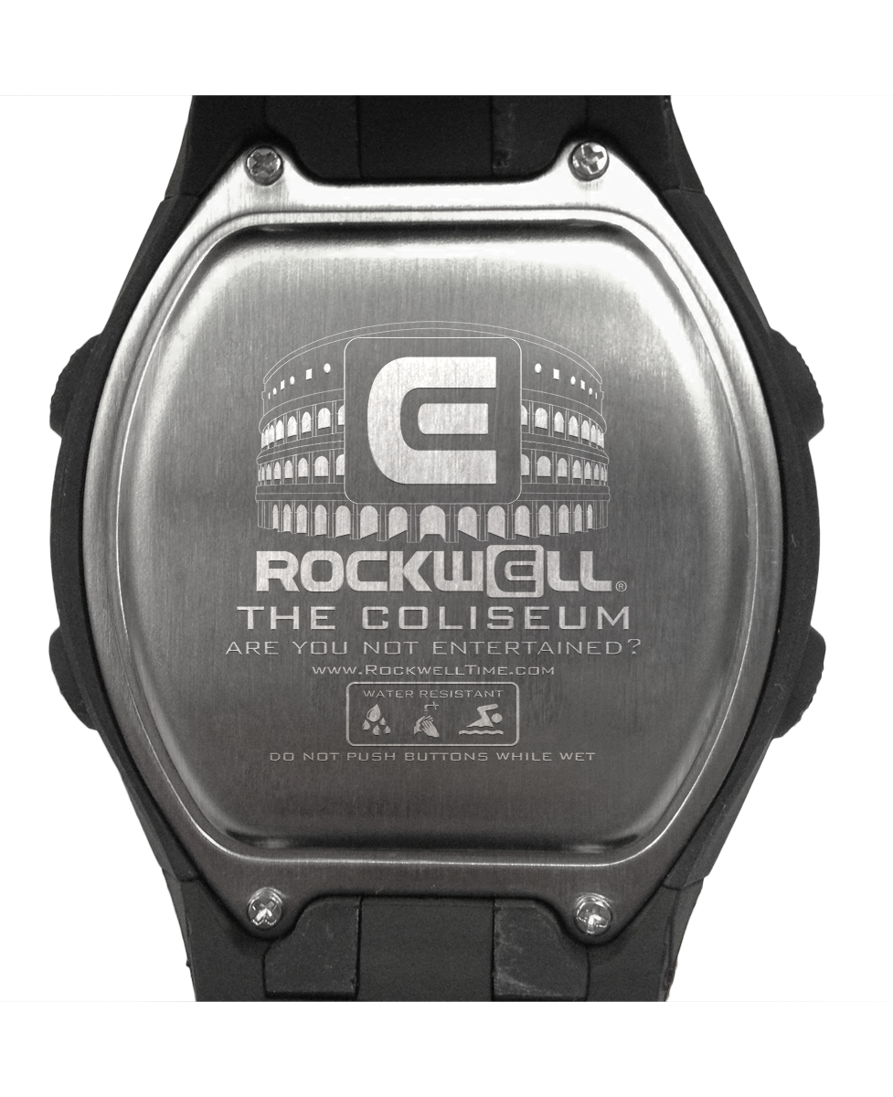 black coliseum digital watch with white accents
